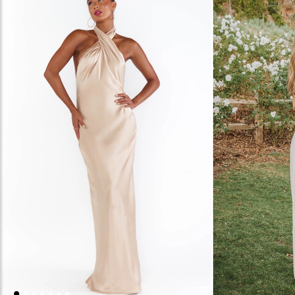 Show me your mumu Jasmine halter maxi dress in champagne lux satin